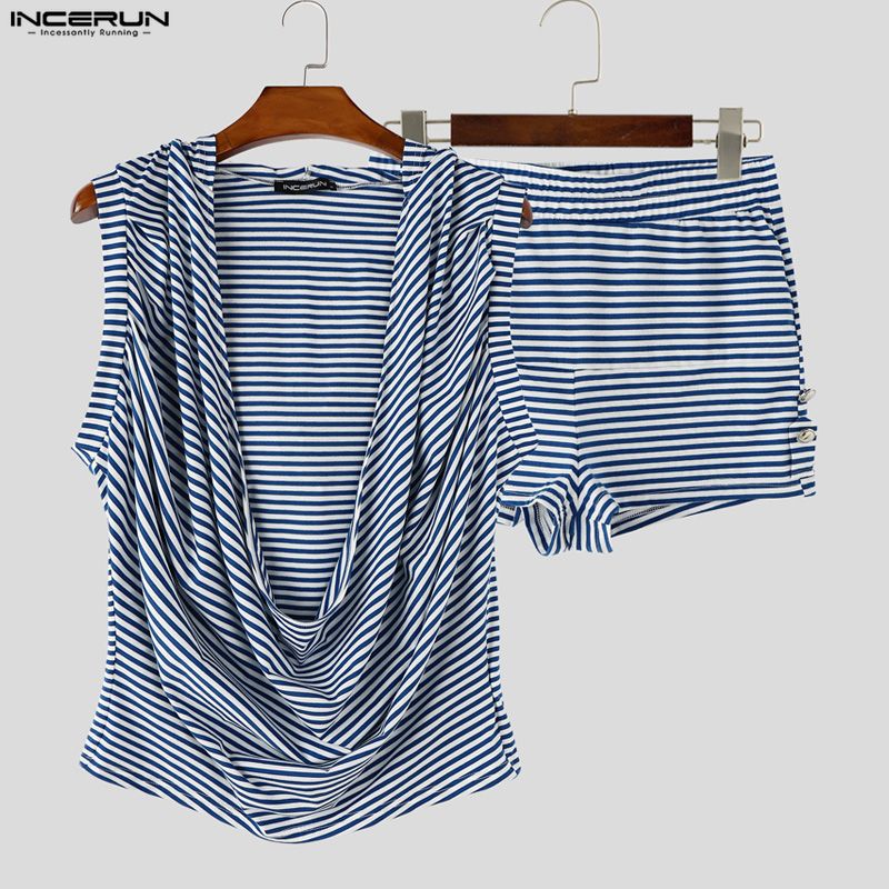 Wallpaper - INCERUN Men Striped Sets Summer Hooded