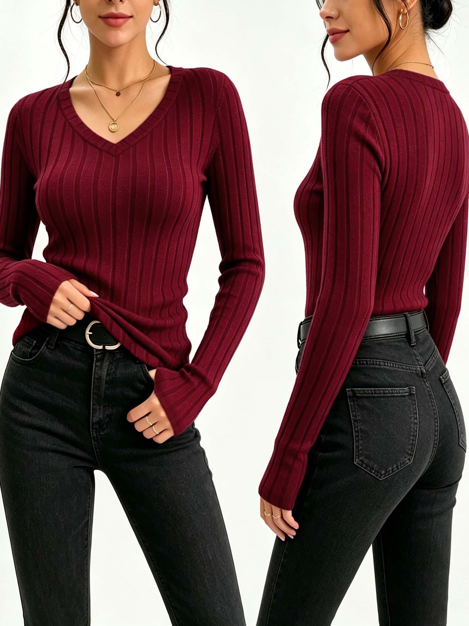 Women Solid V‑Neck Ribbed Knit - Wallpaper ulasan dan harga