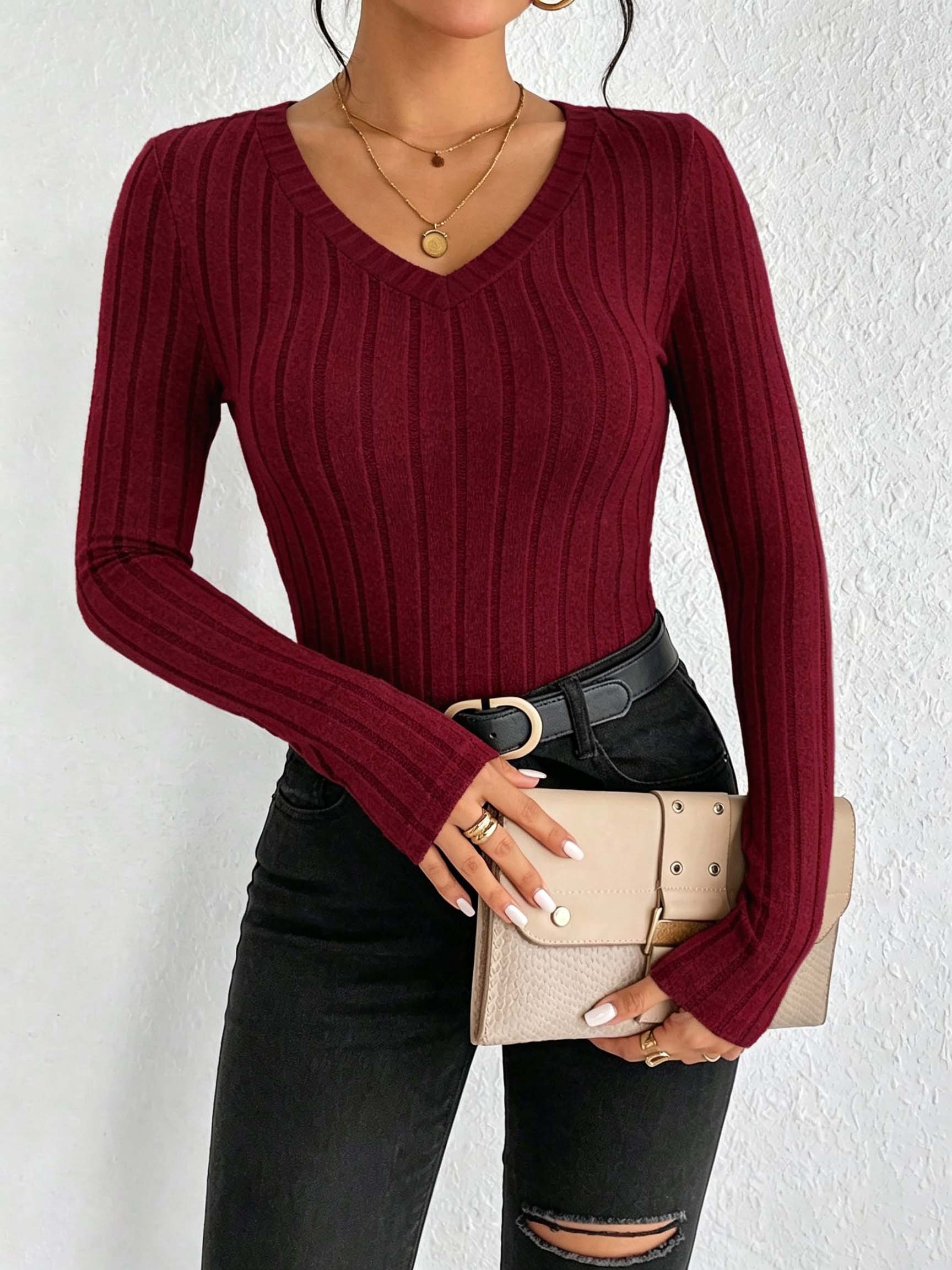 Women Solid V‑Neck Ribbed Knit - Wallpaper ulasan dan harga