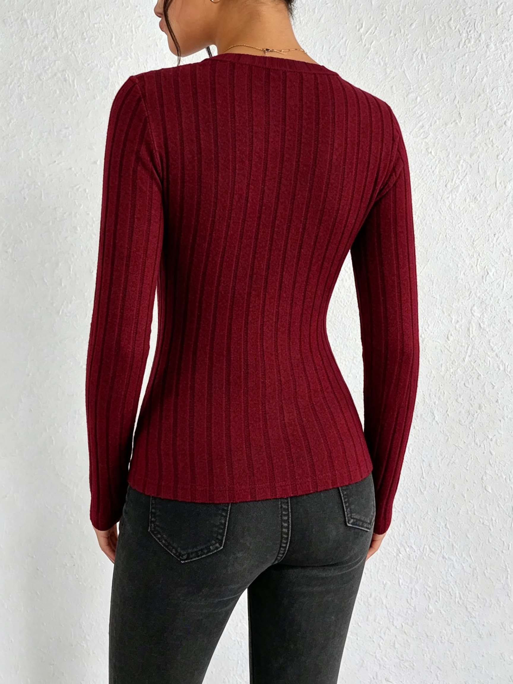 Women Solid V‑Neck Ribbed Knit - Wallpaper ulasan dan harga