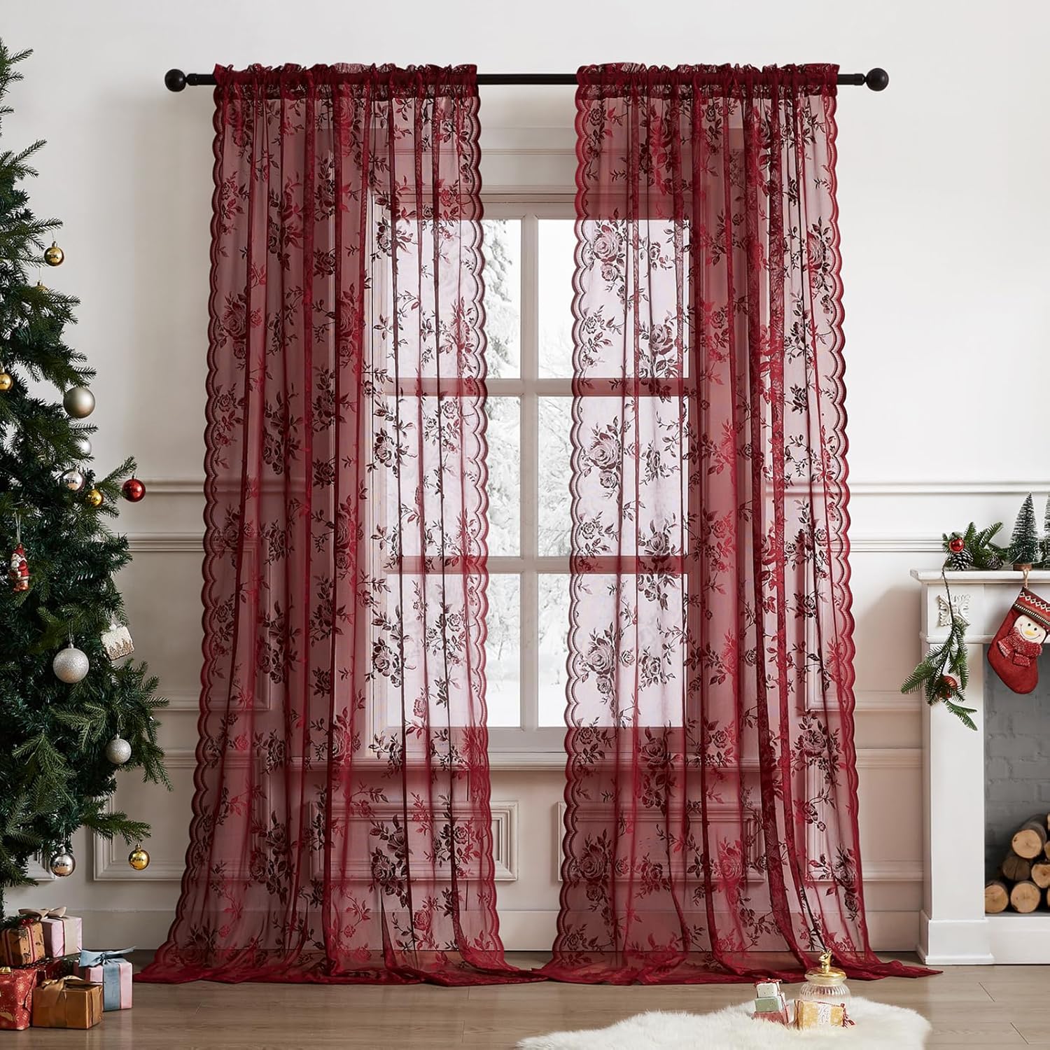 1 PC Burgundy Lace Curtains 45 - Curtain Rods ulasan dan harga